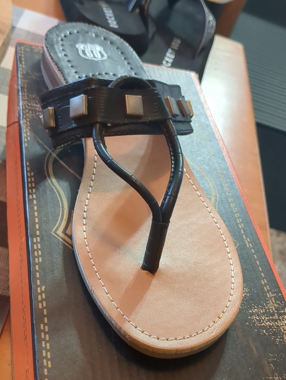 Route 66 Black Thong Sandals with Square Stud Accents